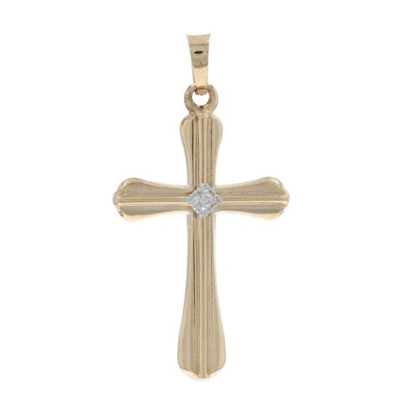 Yellow Gold Diamond Cross Pendant 14k Single 1.00 Faith Solitaire - Picture 1 of 4